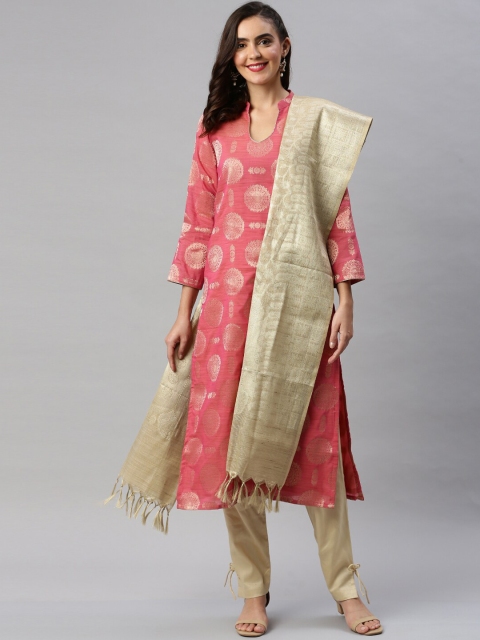 

Soch Women Pink & Gold-Toned Woven Design Chanderi Cotton Unstitched Dress Material