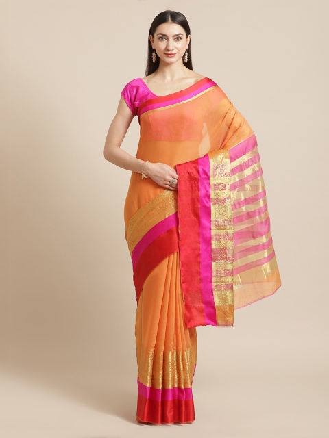 

Mitera Orange & Red Silk Cotton Solid Saree