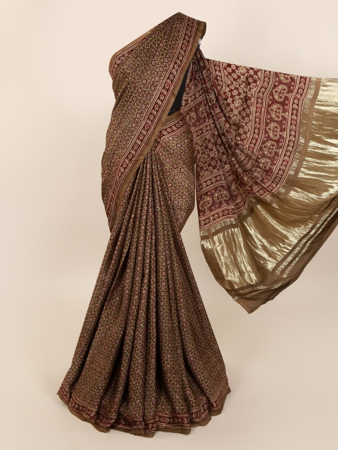 

Pothys Brown Pure Silk Printed Dabu Saree