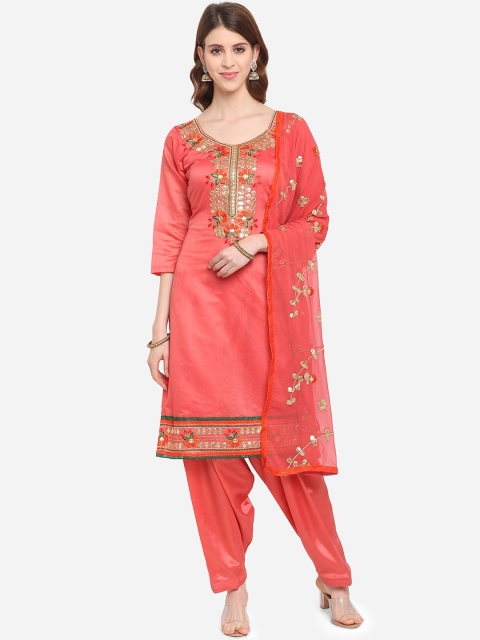 

Ethnic Junction Coral & Gold-Toned Silk Blend Embroidered Unstitched Dress Material