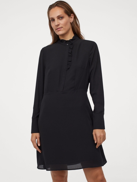 

H&M Women Black Solid Frill-collared Dress