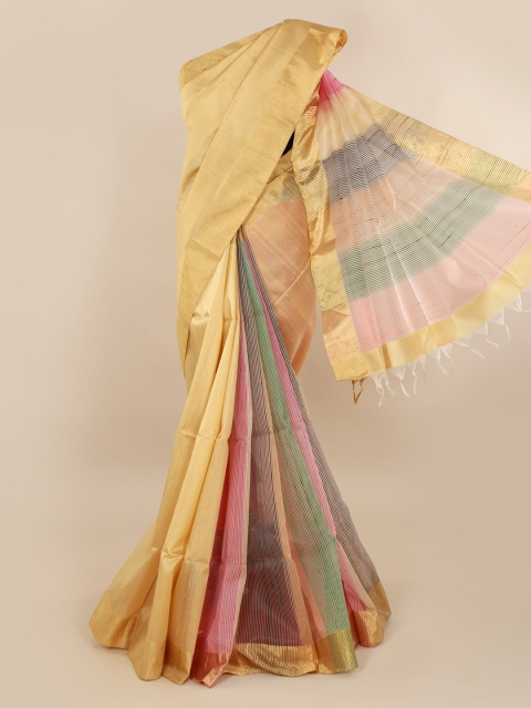 

Pothys Cream-Coloured & Gold-Toned Jute Silk Striped Saree