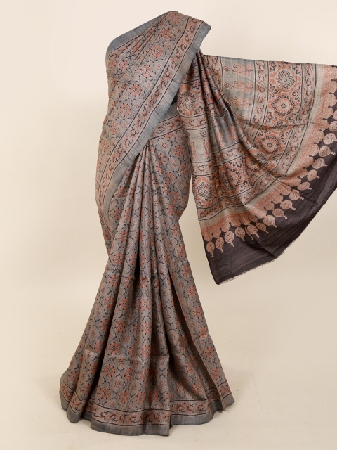 

Pothys Grey & Black Pure Silk Printed Dabu Saree
