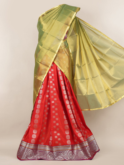 

Pothys Green & Coral Tissue Solid Lehenga Half Saree