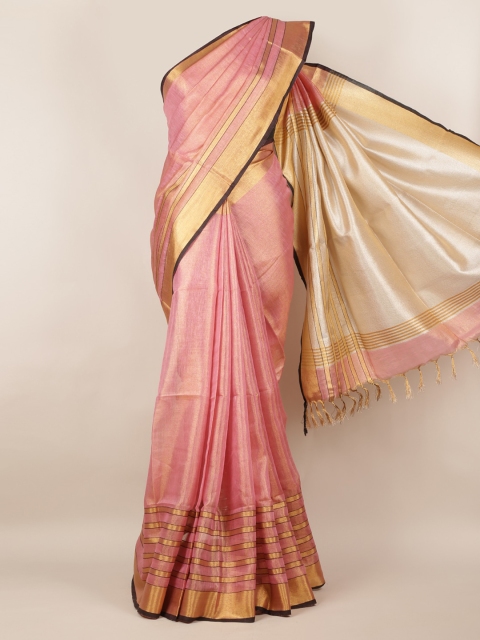 

Pothys Pink & Gold-Toned Linen Blend Solid Saree