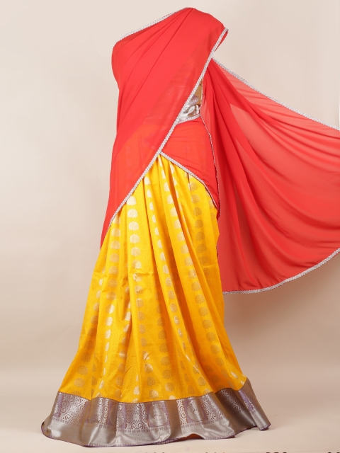 

Pothys Red & Yellow Poly Chiffon Solid Lehenga Half Saree