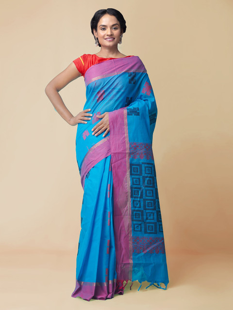 

Unnati Silks Blue Pure Cotton Printed Uppada Saree
