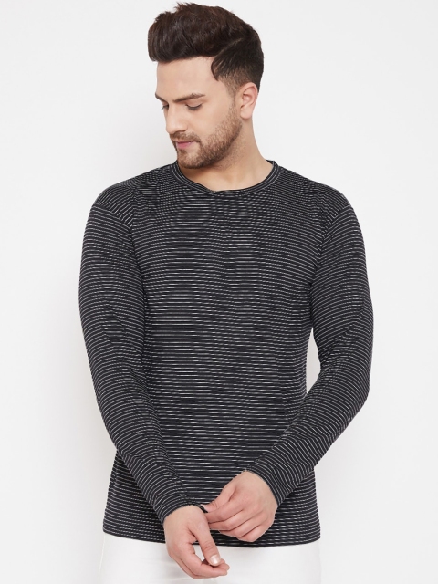 

Hypernation Men Black Striped Round Neck Cotton T-shirt