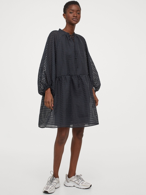 

H&M Women Blue Self Design Balloon-sleeved dress