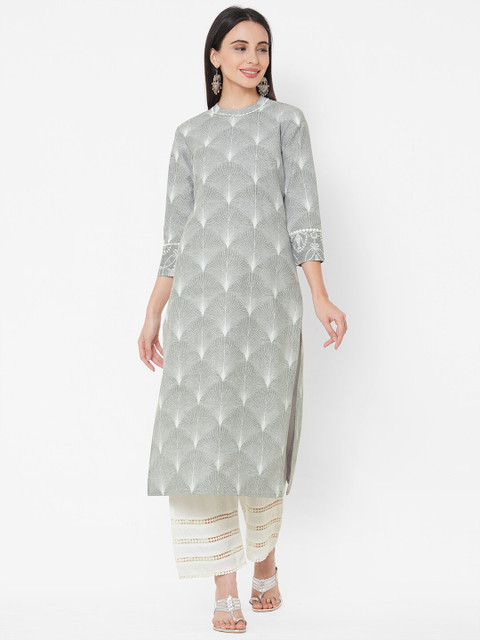 

FASHOR Women Grey & White Floral Printed Kurta