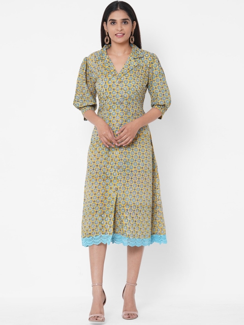 

FASHOR Women Yellow Printed Fit and Flare Dress