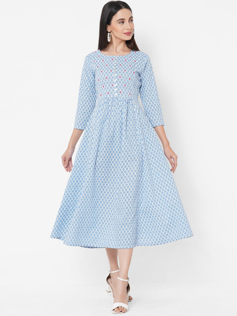 

FASHOR Women Blue Printed Fit and Flare Ethnic Dress