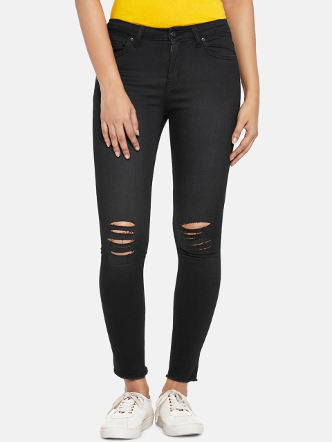 

People Women Black Tapered Fit Mid-Rise Cotton Slash Knee Jeans