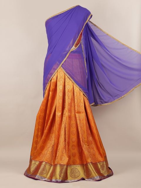 

Pothys Purple & Mustard Yellow Poly Chiffon Woven Design Half Saree