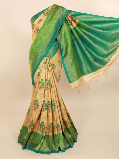 

Pothys Cream-Coloured & Green Pure Silk Printed Banarasi Saree