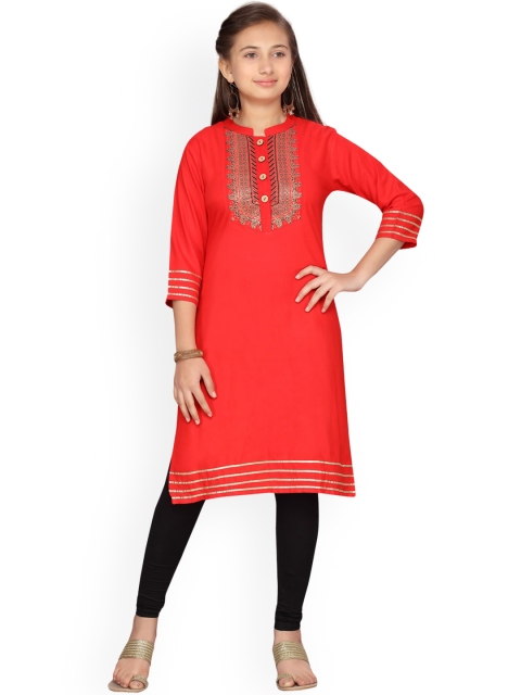 

Aarika Girls Red & Black Ethnic Motifs Yoke Design Cotton Straight Kurta