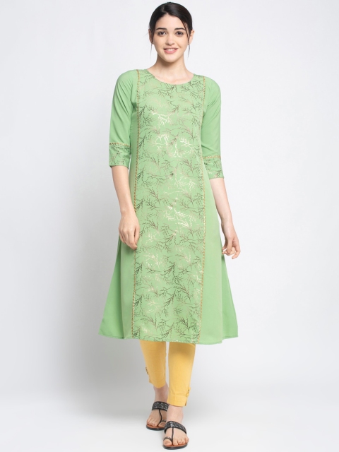 

ALC Creations Green Floral Printed Crepe Round Neck Regular Sleeves Kurta