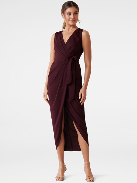 Forever New Women Burgundy Solid Wrap Dress