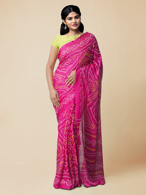 

Unnati Silks Pink Silk Blend Dyed Bandhani Saree