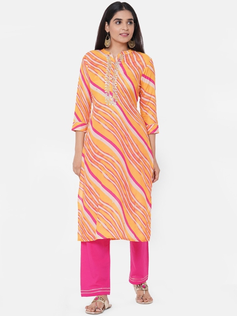 

FASHOR Women Orange & Pink Striped Kurta with Trousers