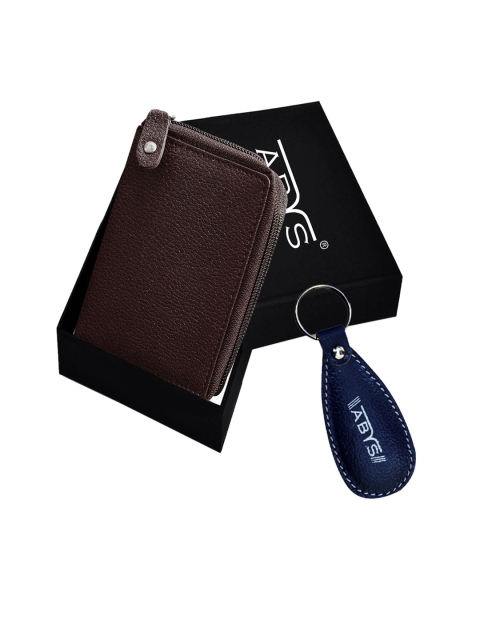 ABYS Unisex Coffee Brown & Navy Blue Solid Genuine Leather Accessories Gift Set