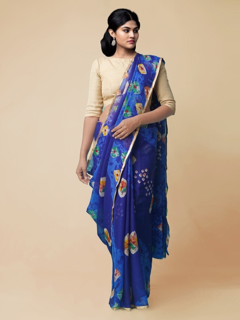 

Unnati Silks Blue Pure Chiffon Dyed Patola Saree