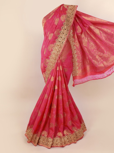 

Pothys Magenta & Gold-Toned Pure Silk Printed Kanjeevaram Saree With Embellishment