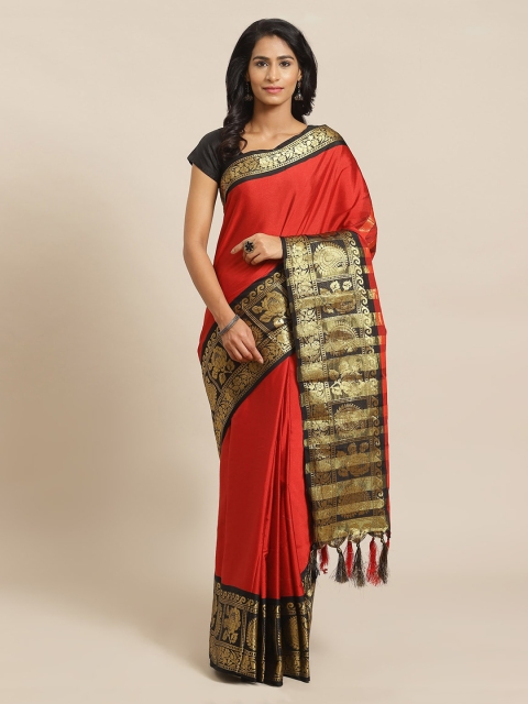 

Mitera Red & Gold-Toned Silk Blend Solid Banarasi Saree