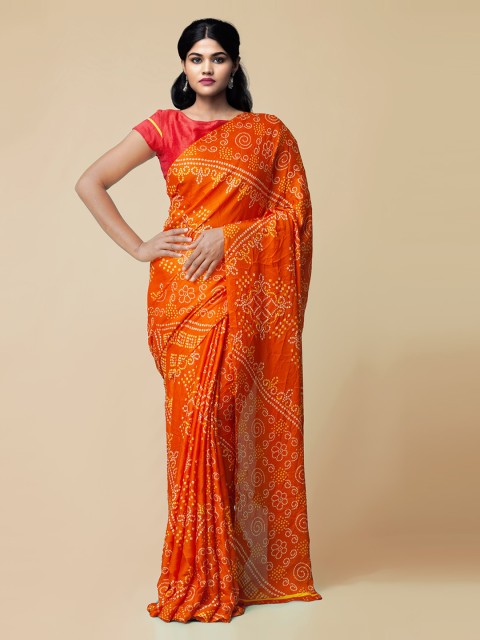 

Unnati Silks Orange & White Silk Blend Printed Bandhani Saree