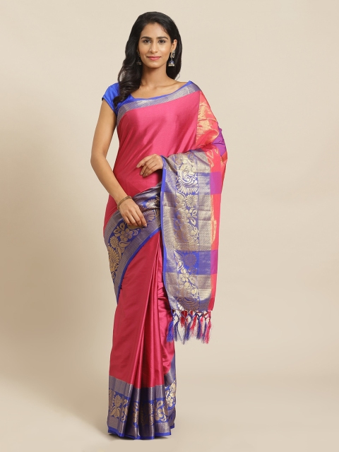 

Mitera Pink & Blue Silk Blend Solid Banarasi Saree