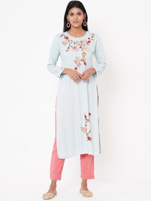 

FASHOR Blue Floral Embroidered Thread Work Kurta