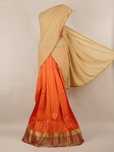 

Pothys Cream-Coloured & Orange Poly Chiffon Woven Design Half Saree