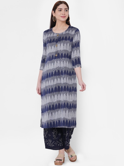 

FASHOR Women Navy Blue & Grey Woven Design Kurta with Palazzos