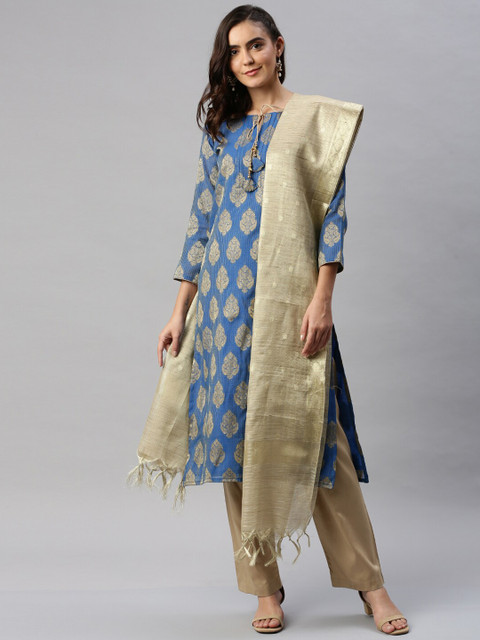 

Soch Blue & Gold-Toned Cotton Blend Unstitched Dress Material