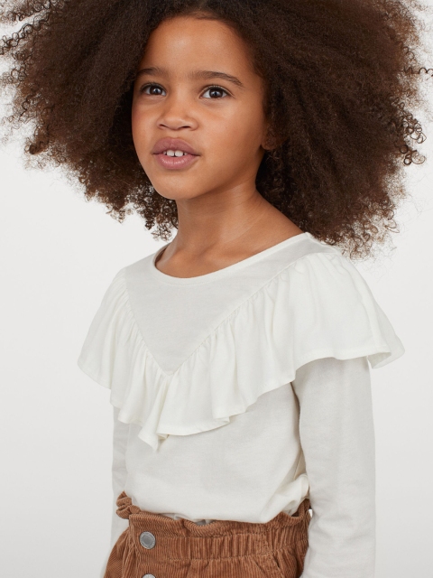 

H&M Girls White Solid Flounce-trimmed cotton top