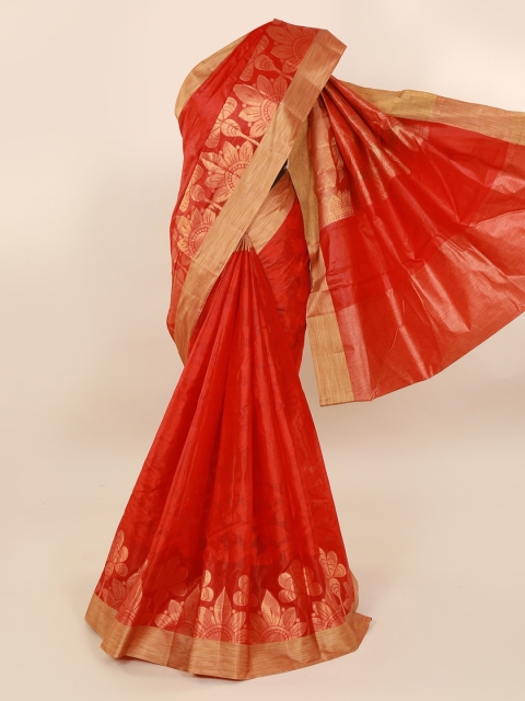 

Pothys Red & Gold-Toned Pure Silk Woven Design Tussar Saree