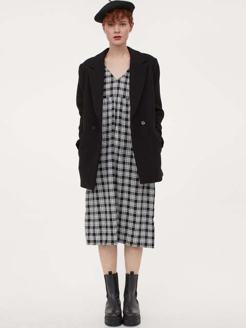 

H&M Women Black & White Checked Puff-Sleeved Dress