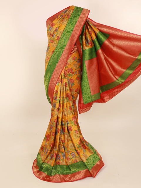 

Pothys Mustard Yellow & Red Pure Silk Floral Printed Banarasi Saree