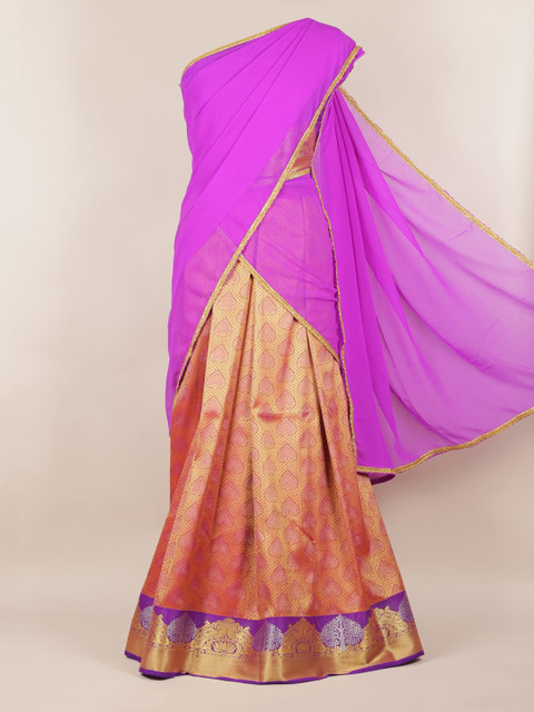 

Pothys Purple & Gold-Toned Poly Chiffon Solid Lehenga Half Saree