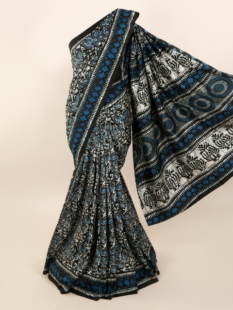 

Pothys Blue & Black Pure Silk Printed Dabu Saree