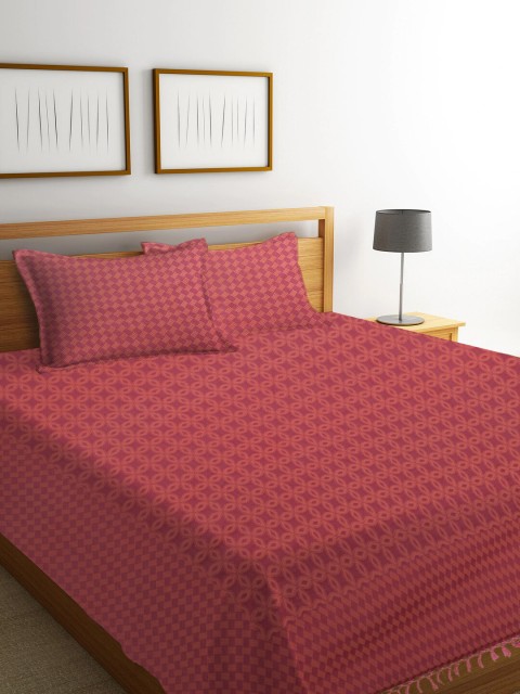 

NEUDIS Red & Orange Floral Printed Double Bed Covers With 2 Pillow Covers