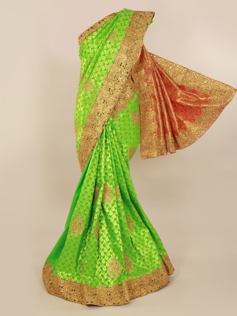 

Pothys Green & Gold-Toned Pure Silk Woven Design Kanjeevaram Saree With Embellishment