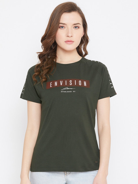 

Octave Women Olive Green Solid Round Neck T-shirt