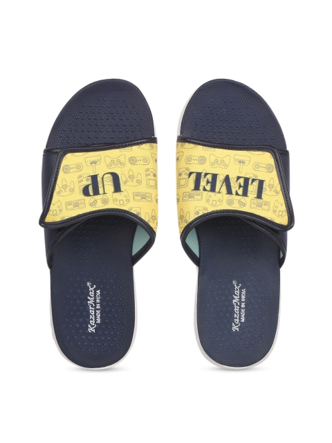

KazarMax Boys Navy Blue & Yellow Printed Sliders