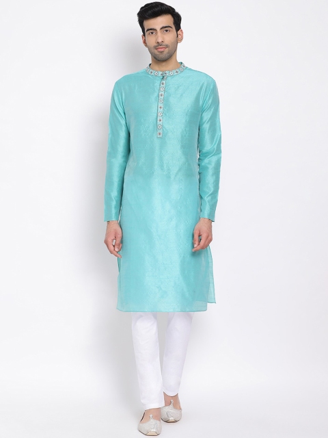 

DEVOILER Men Turquoise Blue Thread Work Silk Kurta
