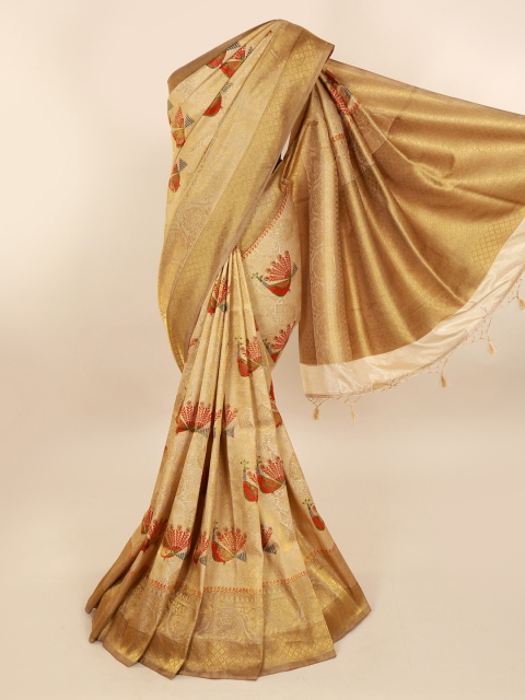 

Pothys Cream-Coloured & Gold-Toned Pure Silk Woven Design Banarasi Saree