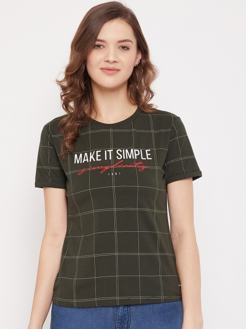 

Octave Women Olive Green Checked Round Neck T-shirt