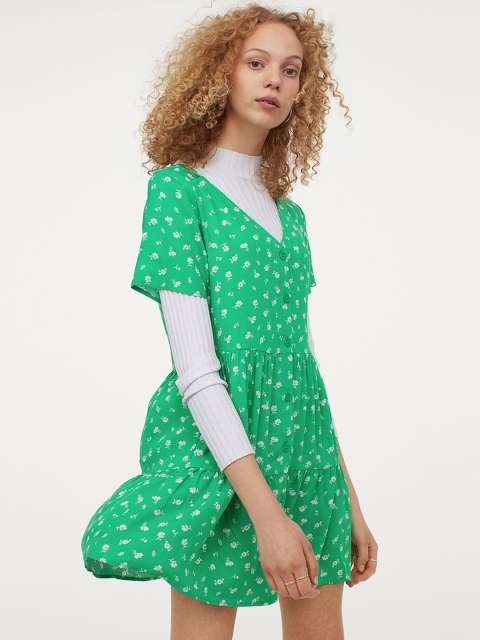 H&M Women Green & White Printed Short Dress