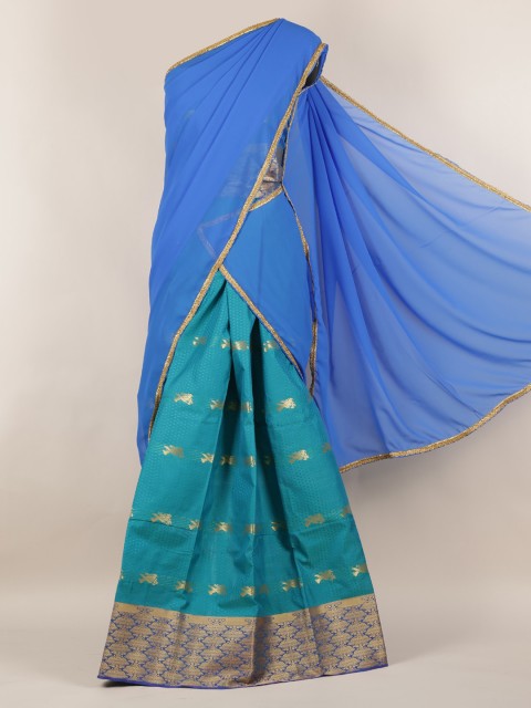 

Pothys Blue & Green Poly Chiffon Solid Lehenga Half Saree