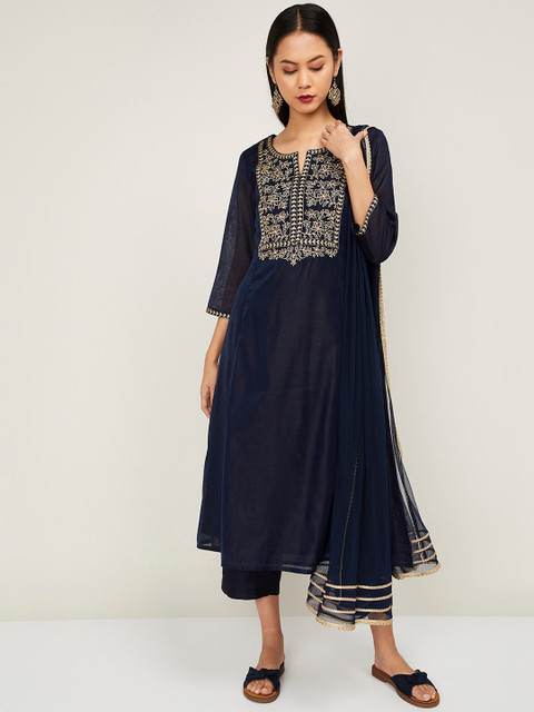 

Melange by Lifestyle Women Navy Blue Yoke Design Kurta with Trousers & Dupatta